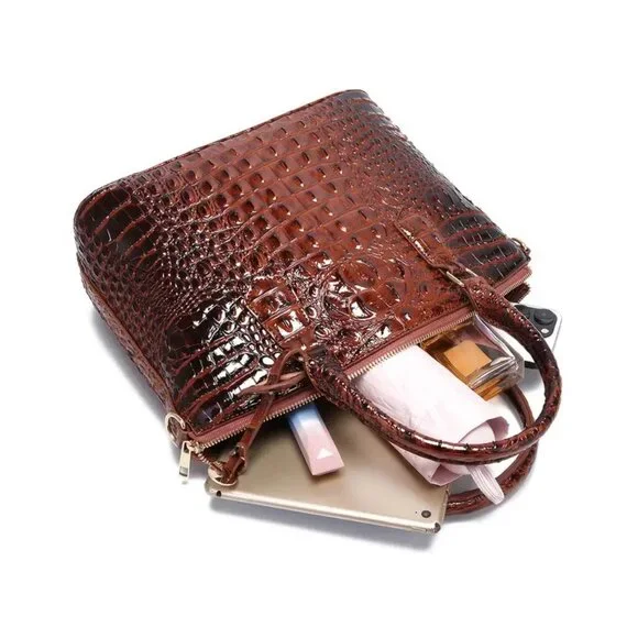 Elegant Brown Crocodile Embossed Luxury Handbag Satchel Shoulder Bag Vegan - Picture 6 of 7